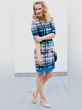 Eliza J. Blue & Lavender Plaid Short Sleeve Dress
